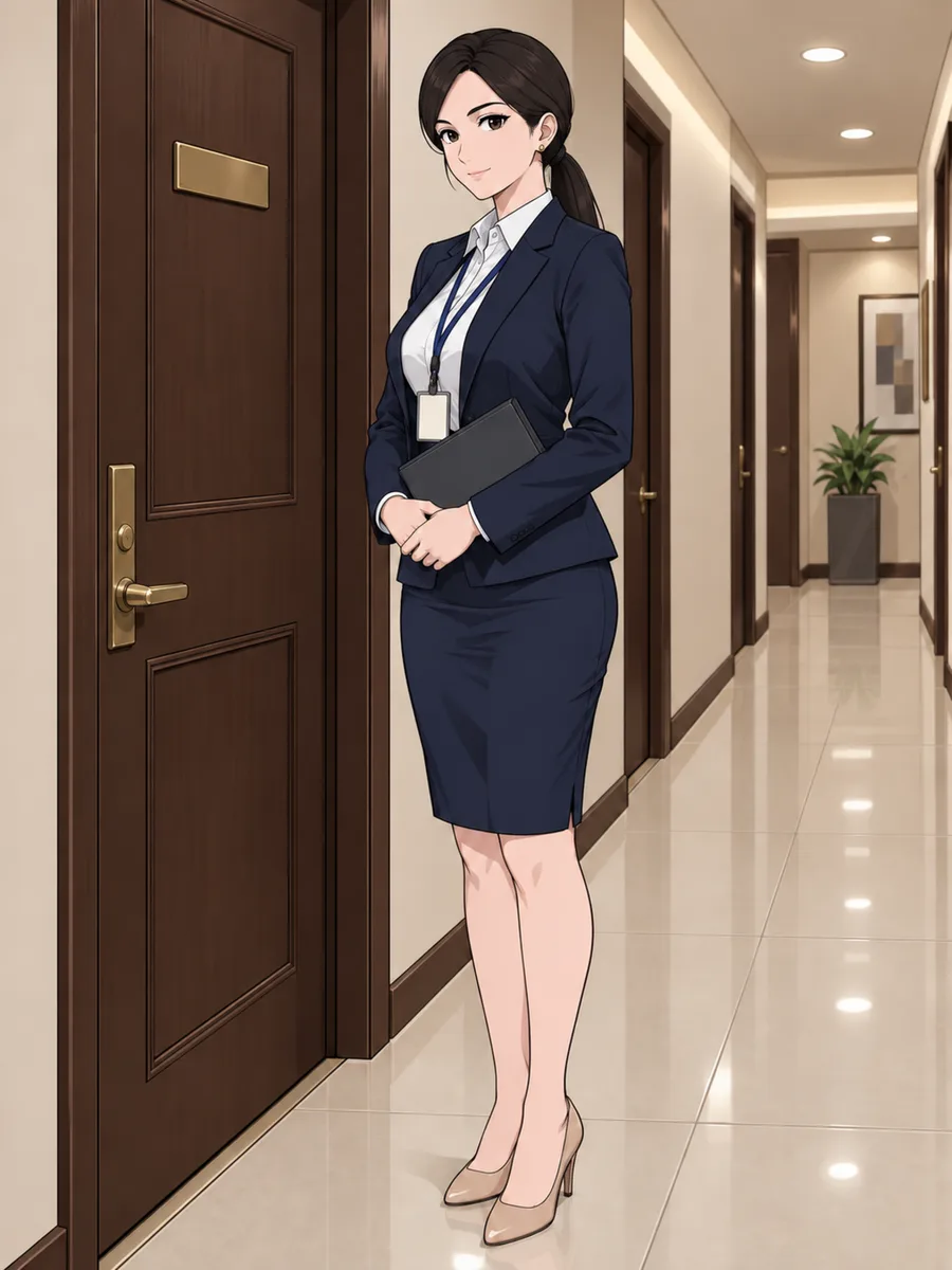 The Coordinator cover: Czari, in a navy blazer and pencil skirt with a staff lanyard, standing composed beside a condo door.