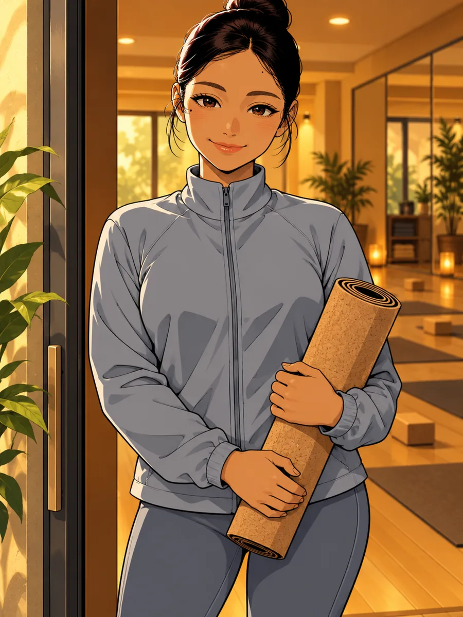 The Hot Room cover: Aya, a yoga instructor in a grey zip jacket, smiling in the doorway of a warm, candlelit studio with a cork mat under her arm.