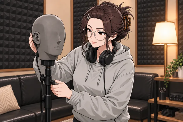 Mira adjusts a grey dummy-head microphone on its stand in the soundproofed booth.