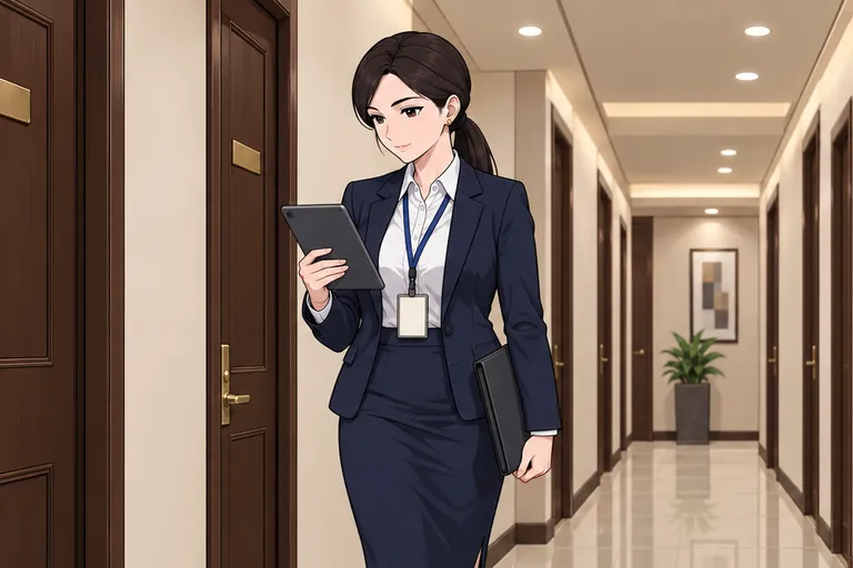 Czari, in a navy blazer and pencil skirt with a staff lanyard, walks a condo hallway reading a tablet.