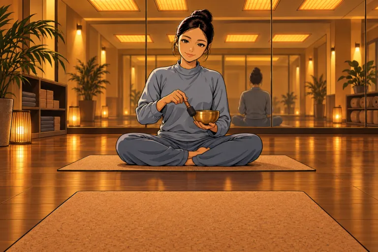 Aya sits cross-legged on a mat in the amber-lit studio, striking a small brass singing bowl.