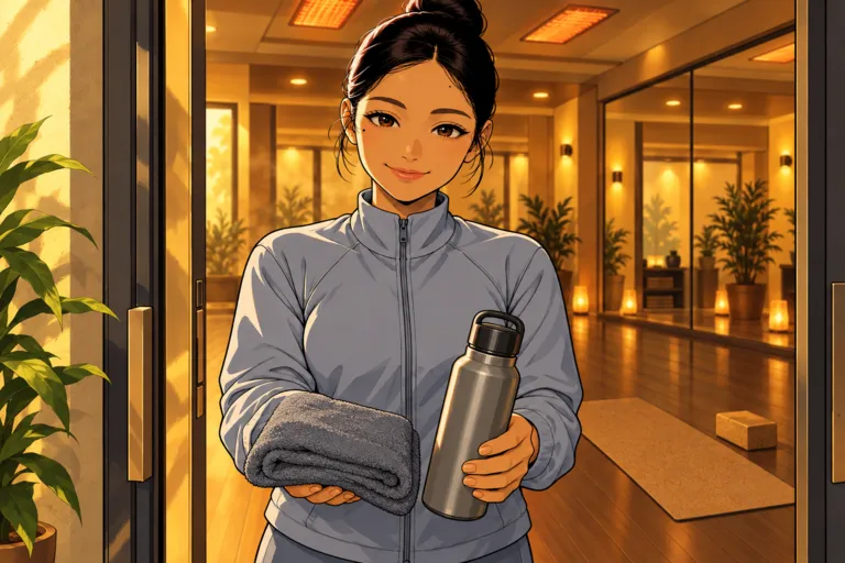 Aya, in a grey zip jacket, smiles in the studio doorway holding a folded towel and a steel water bottle.